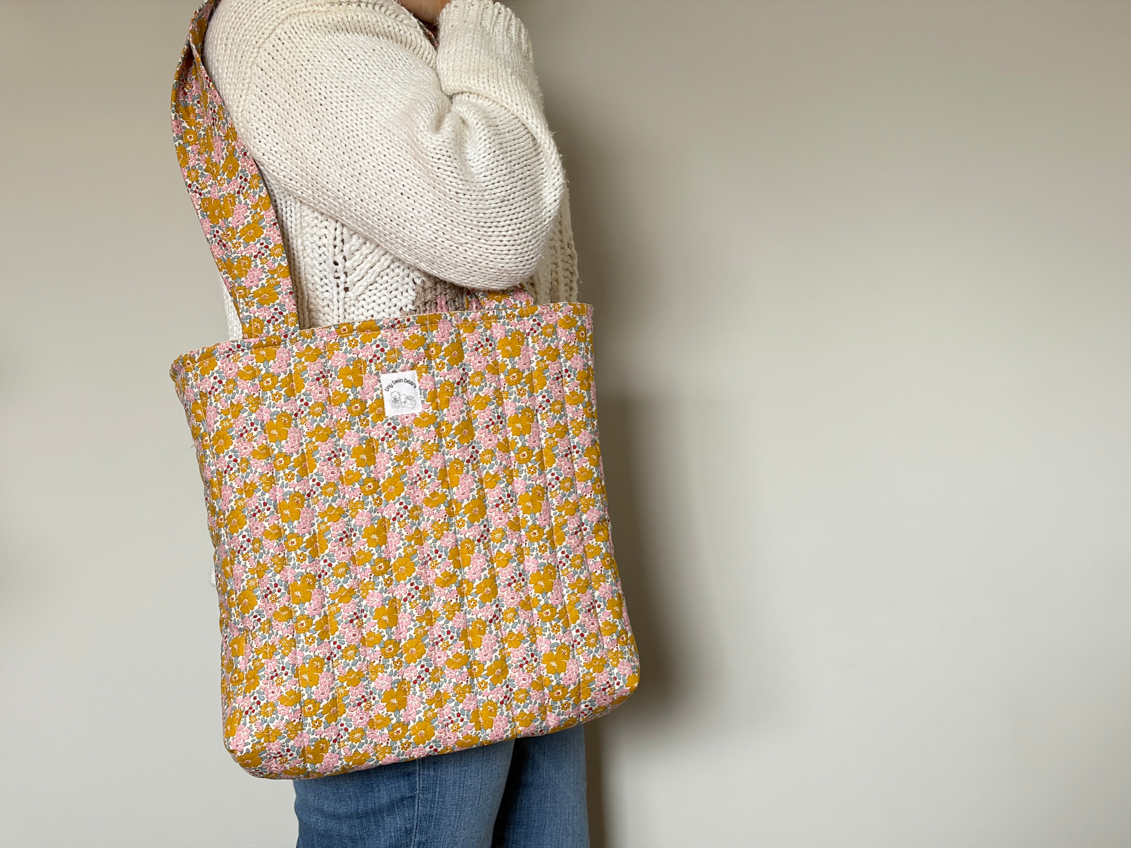 Pink & Mustard Flowers - Handmade Quilted Tote Bag