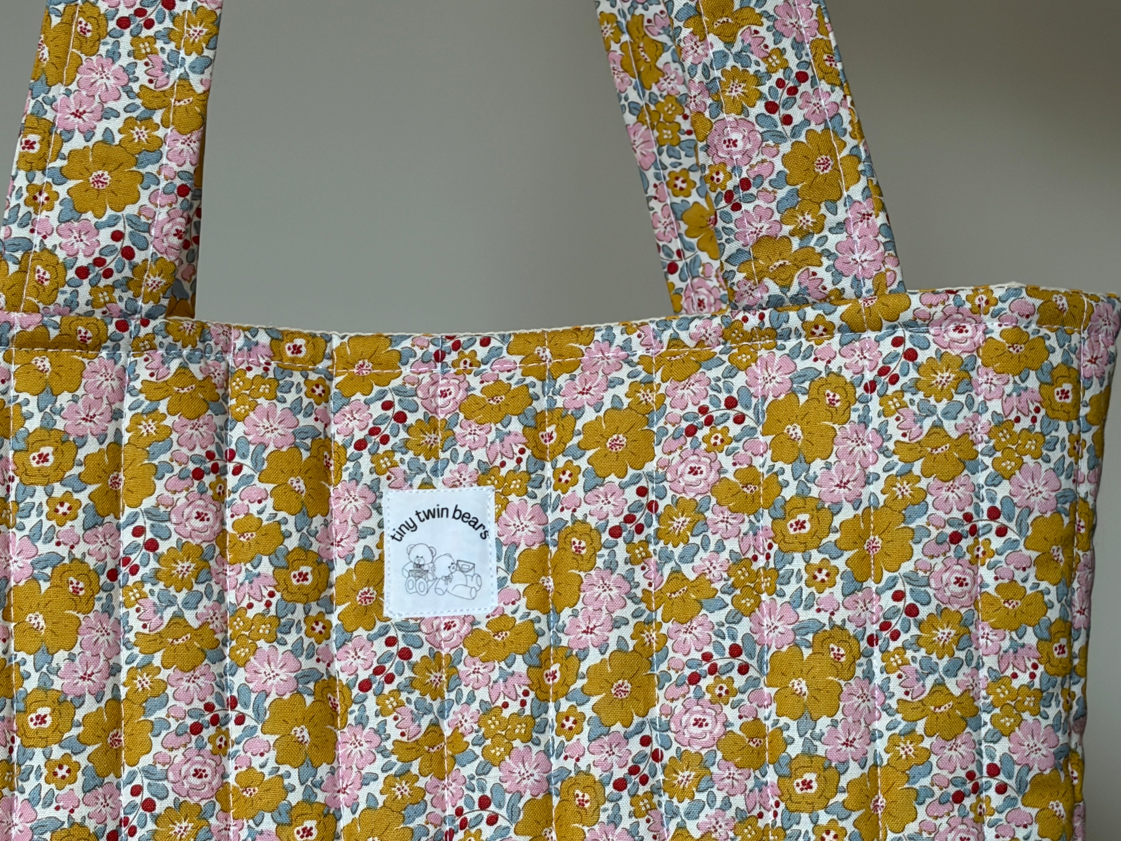 Pink & Mustard Flowers - Handmade Quilted Tote Bag