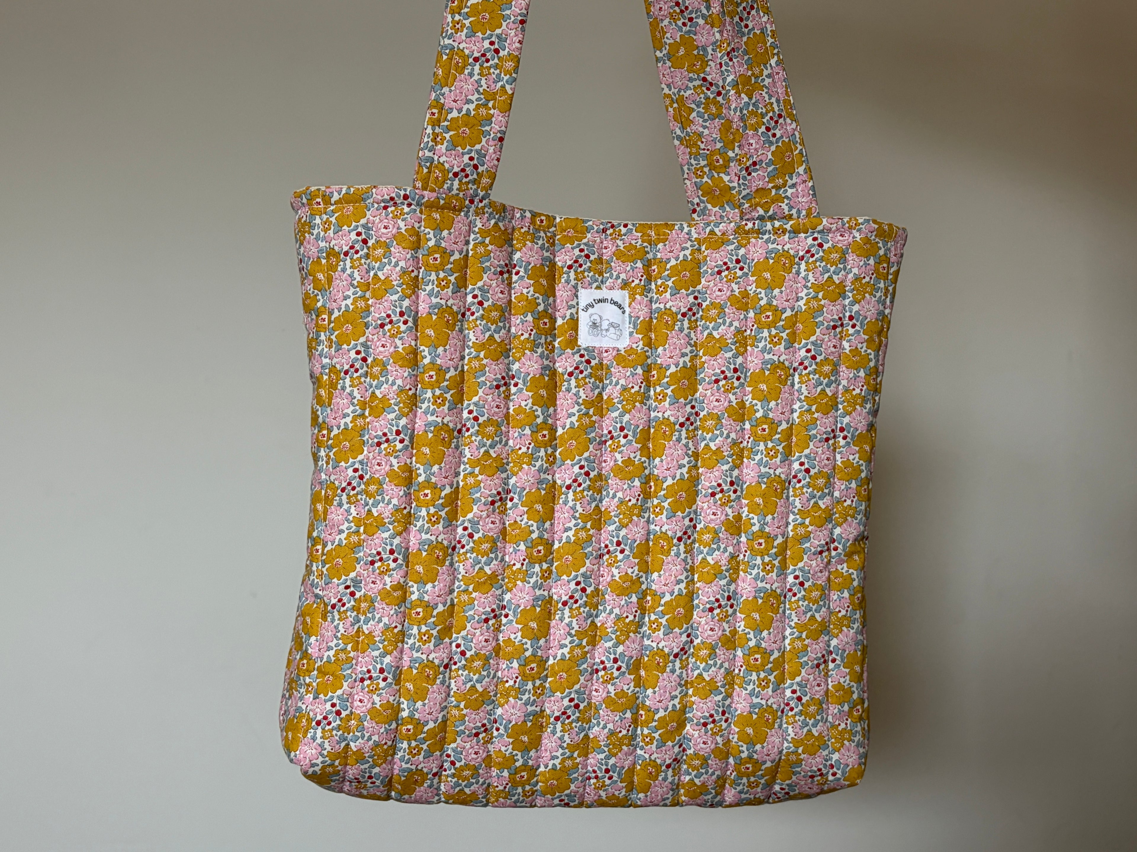 Pink & Mustard Flowers - Handmade Quilted Tote Bag