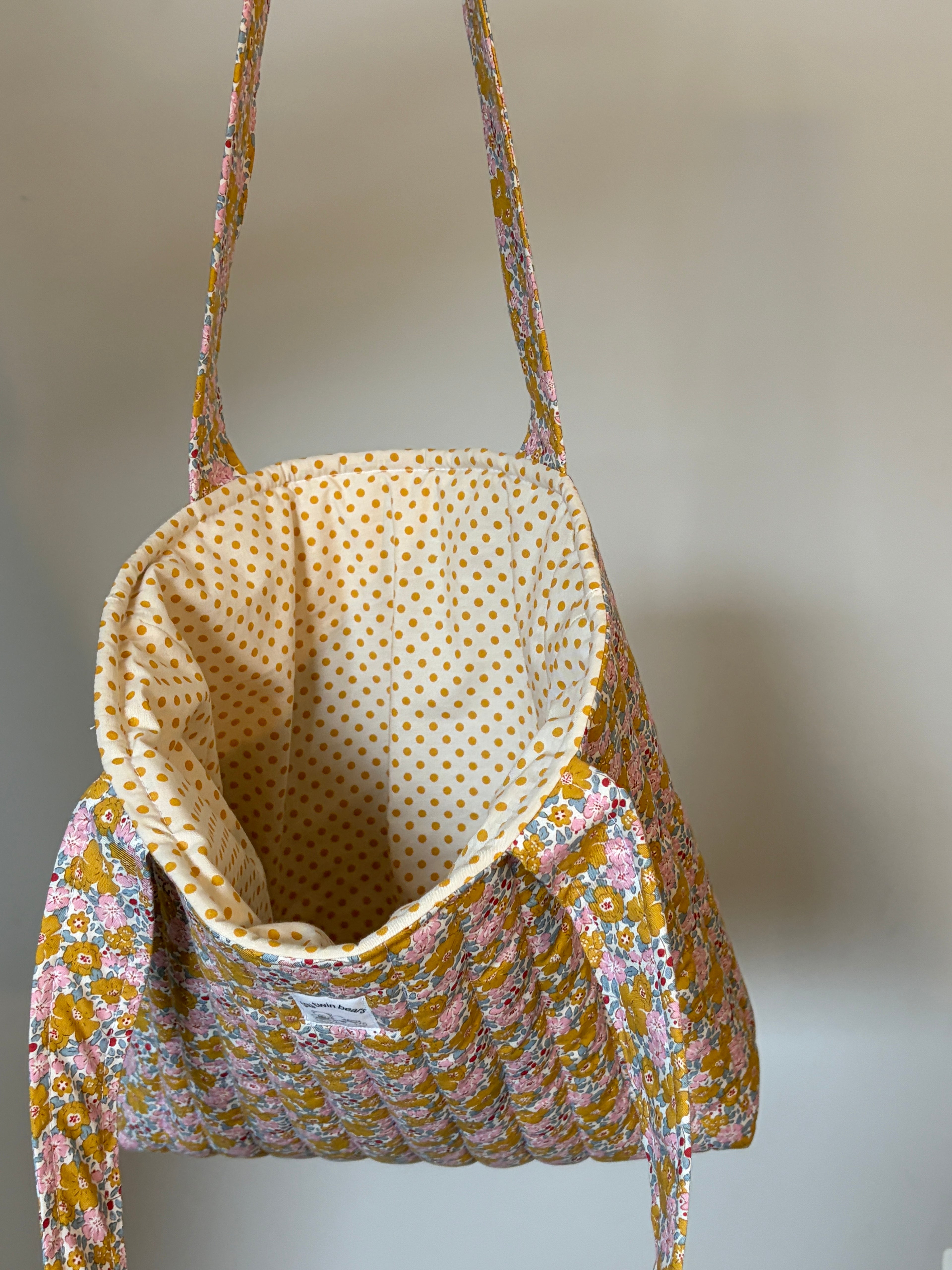 Pink & Mustard Flowers - Handmade Quilted Tote Bag