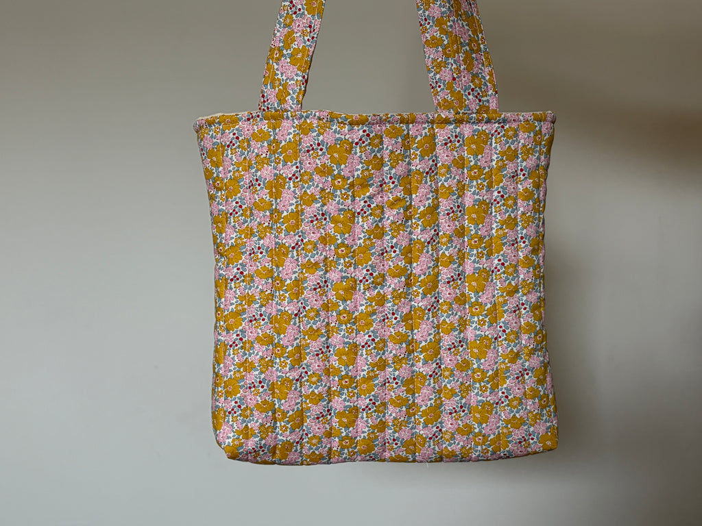 Pink & Mustard Flowers - Handmade Quilted Tote Bag