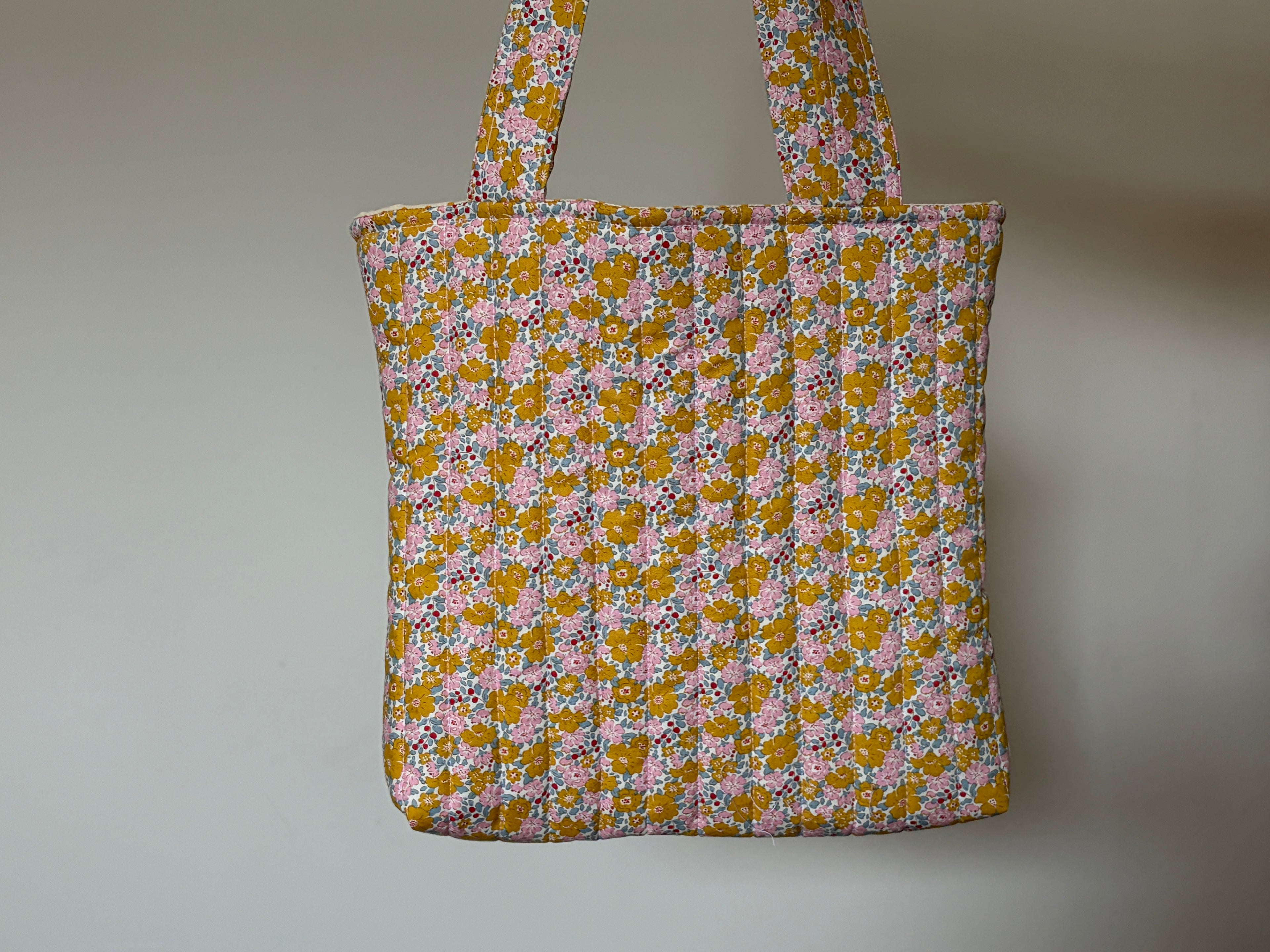Pink & Mustard Flowers - Handmade Quilted Tote Bag